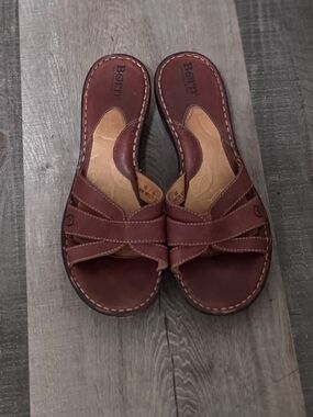 Born  Brown   Leather  Wedge Slides  Sandals